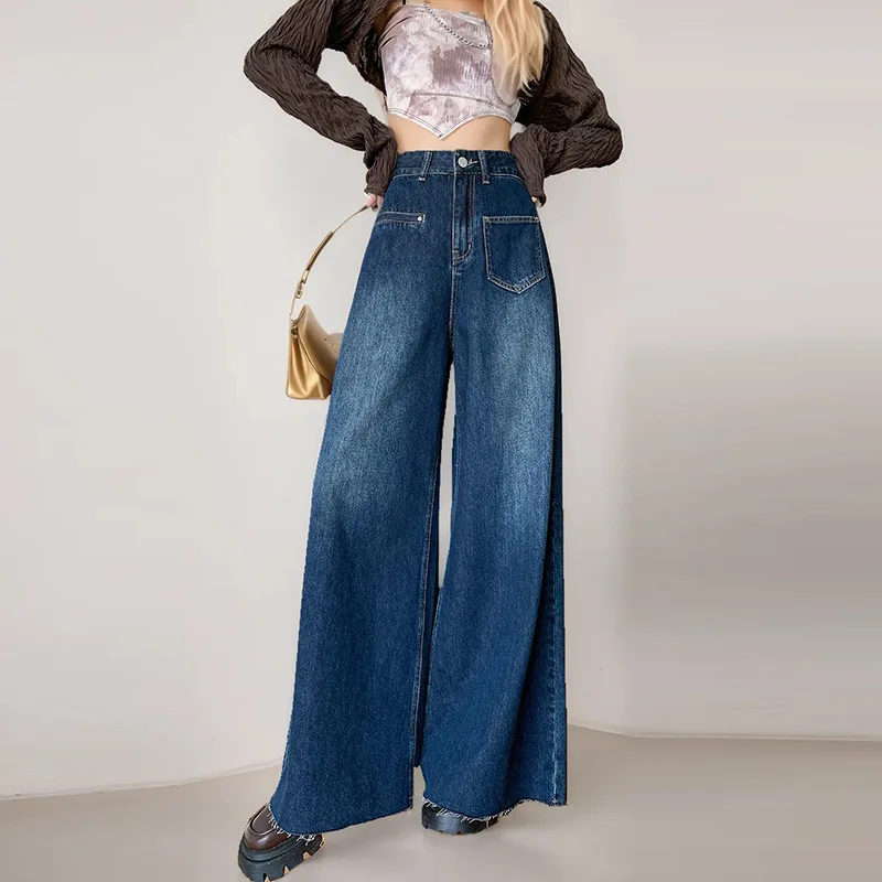 デニムワイドレッグパンツ レディース ジーンズ ルーズパンツ 2025 ストリートウェア ポケット ボタン ハイウエスト ダメージ加工 ウォッシュド フロア丈