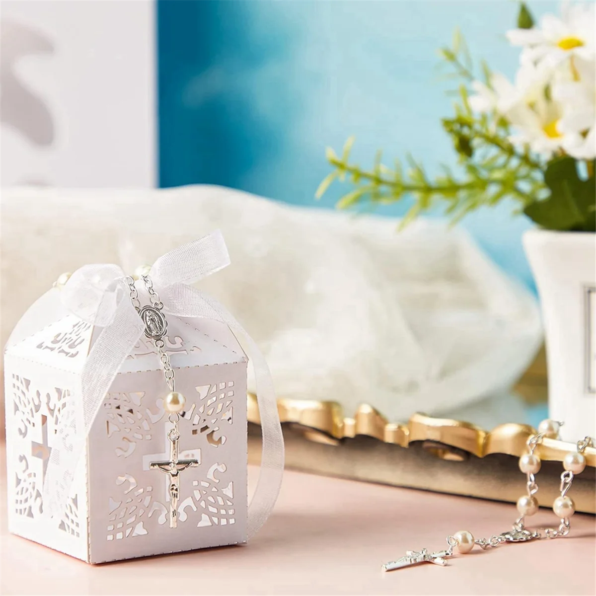 Nuovi 50 confezioni Bomboniere per battesimo Perline per rosario acrilico Perle finte con sacchetti in organza Bomboniera per battesimo Matrimoni Festa