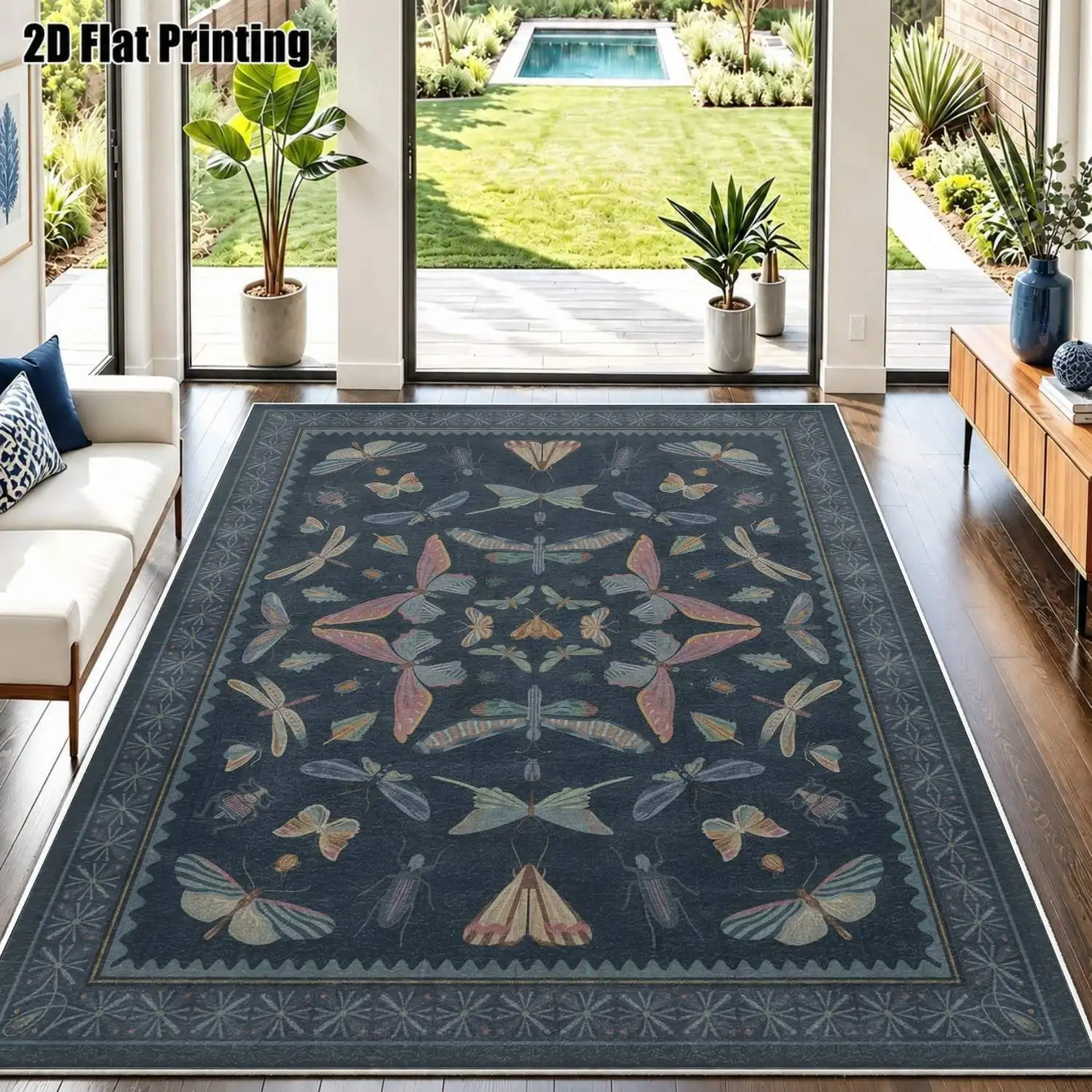 1Pc 2D Printed Velvet Carpet, Blue Insect & Animal Pattern, Nordic Style, Machine Washable, Multi-Size, Perfect for Home Decor, Ideal for Various Indoor Spaces & Entrances
