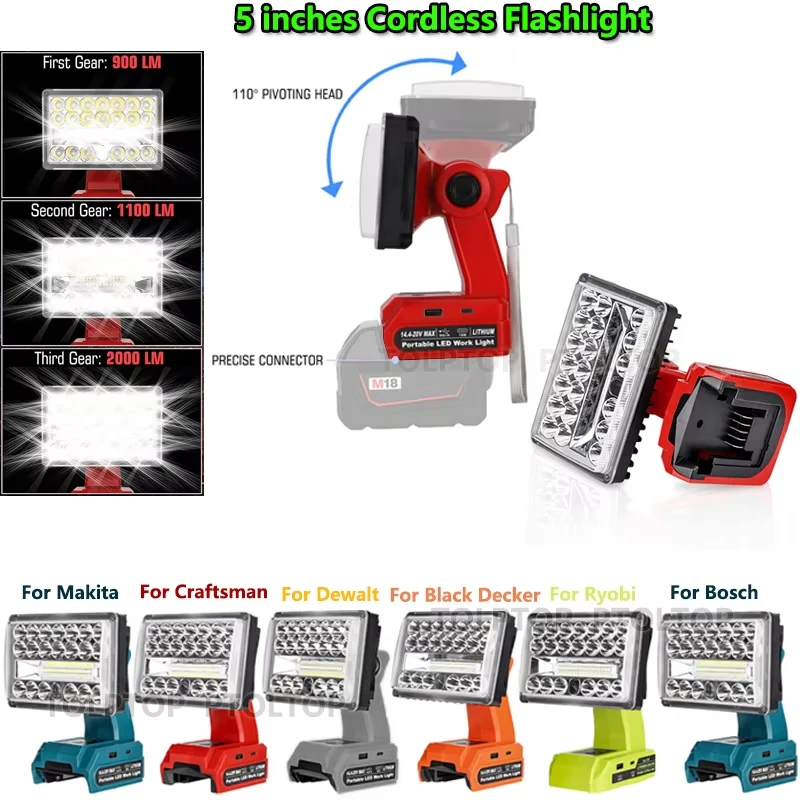 

2000LM Work Light For Makita/Dewalt/Milwaukee/Bosch/Black&Decker/Ryobi 18VBattery Outdoor Flood Lights Flashlight withUSB&Type-C