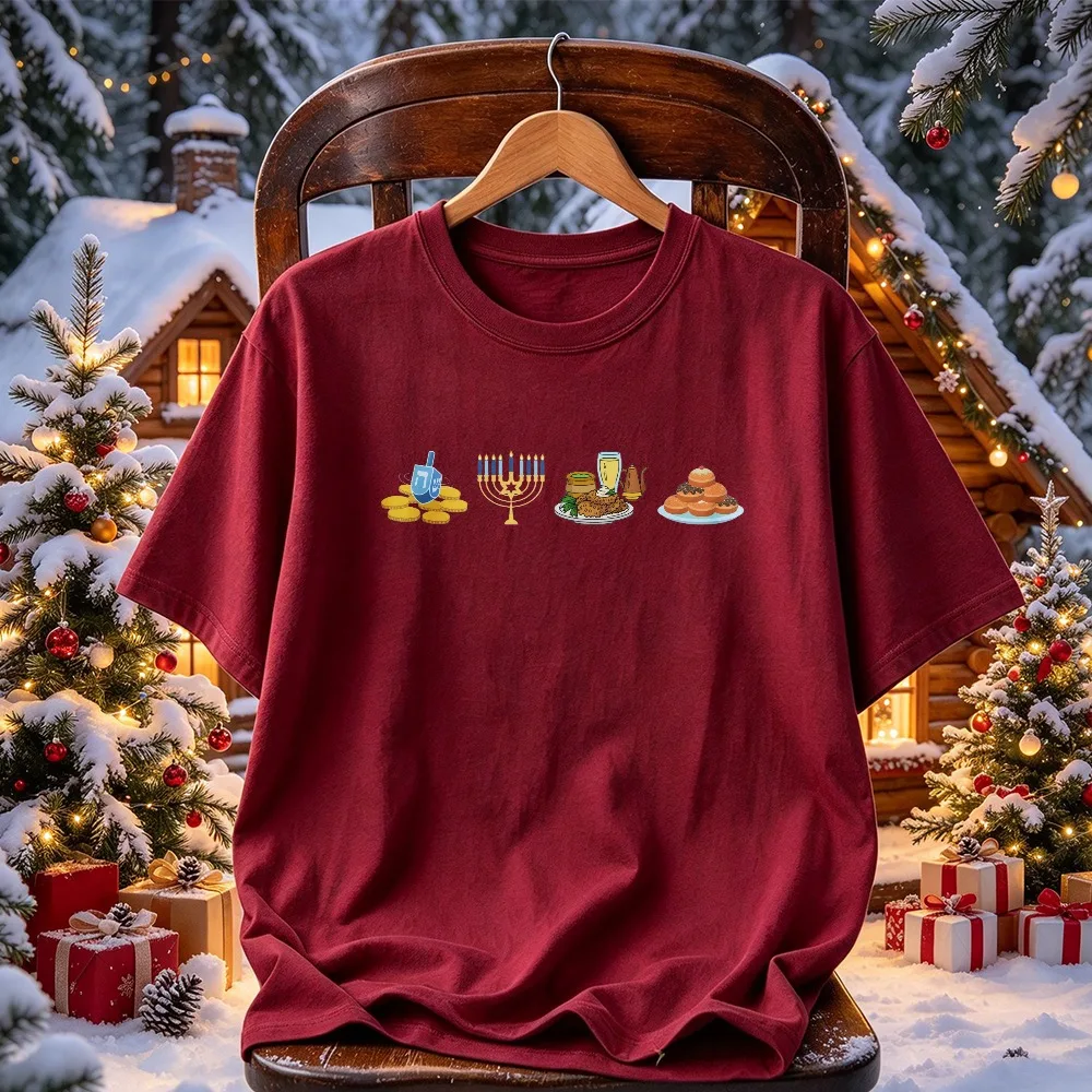 Hanukkah Food Menorah Dreidel Latke Donut Graphic Print Tees Jewish Festival of Lights Holiday Food Theme Streetwear T-Shirt