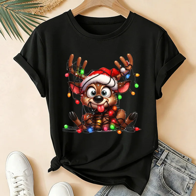Cute Christmas Reindeer Santa Hat Colorful Lights Art Print Graphic Womens T Shirt Short Sleeve Crew Neck Casual Ladies Tee Tops