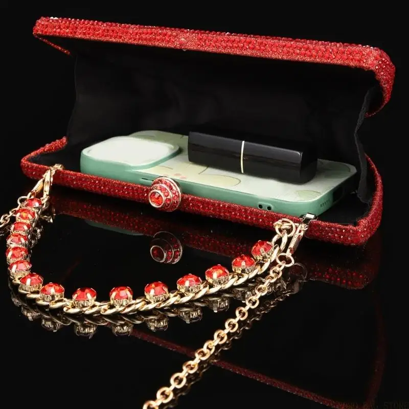 X90D Unique Muskmelon Crystal Embellished Handbag Thin Polyester Multiple Compartments