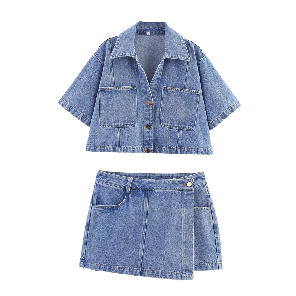 

BWQ Fashion Light Blue Polo Collar Short Sleeves Short Loose Top Irregular Design Mini Culottes Women Denim Suit Set 2025