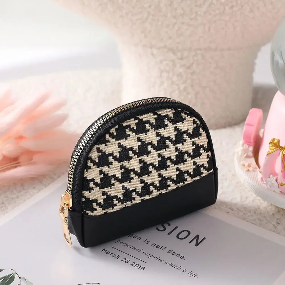 Women Coin Purse Houndstooth Fabric Embroidery Double Layers Zipper Bag Leather Card Holders Mini Key Wallet