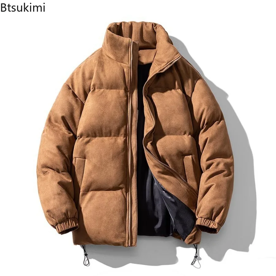 

New Men's Autumn Winter Thicken Suede Parkas Fashion Harajuku Casual Warm Cotton-padded Jackets Stand Collar Solid Men Outerwear