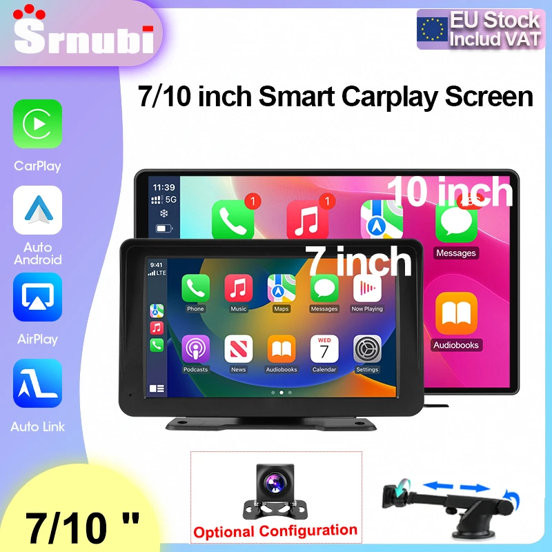 Srnubi Schermo Touch Portatile da 7 e 10 Pollici per Auto con Carplay Wireless e Android Auto, Navigazione e Retrocamera per Stereo Apple e Android