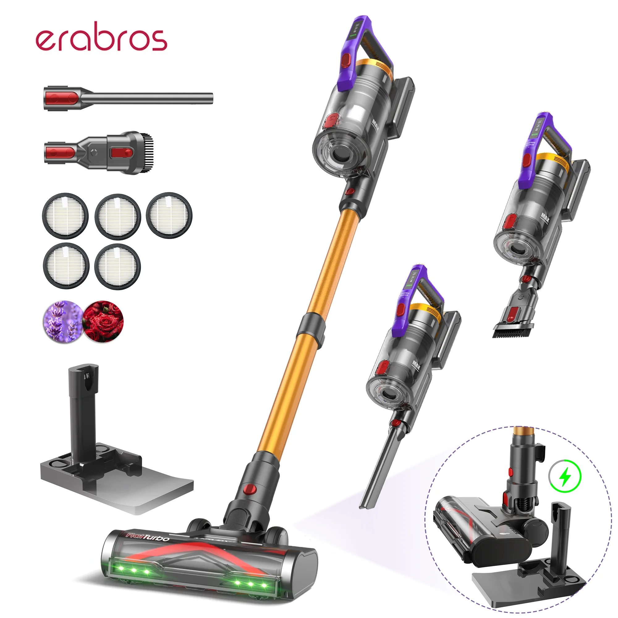 Aspirateur sans fil Erabros EV7 550W avec moteur, aspiration 70KPa, autonomie 70 min, base de chargement et de rangement, design aromatique
