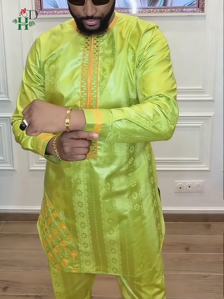 

New African Clothing For Man Traditional Agbada Sets 2PCS Green Bazin Riche Shirt Pant Embroidered Wedding Party Suits Plus Size