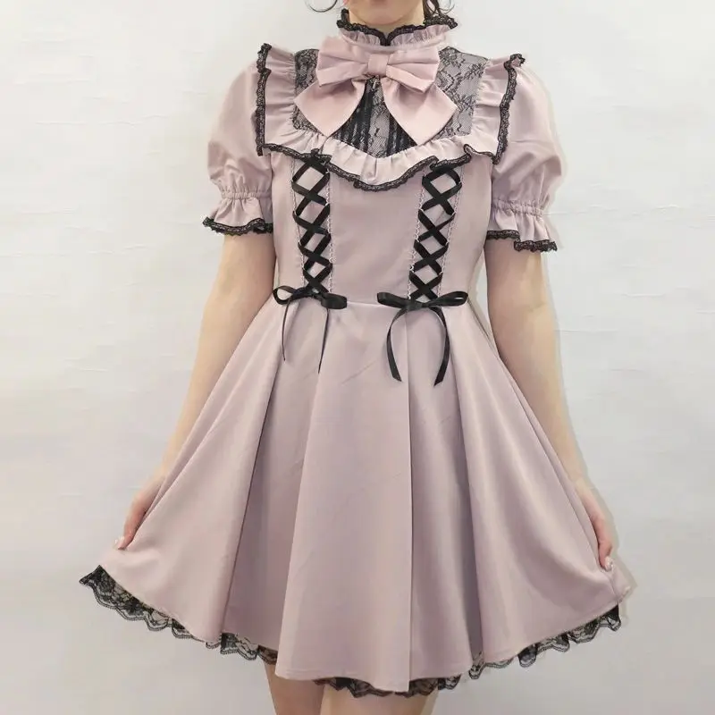 

Sweet Lolita Ribbon Party Dress Japanese Women Gothic Bow Lace Ruffles Bandage Y2k Mini Dress Vintage Cute Puff Sleeve Dress