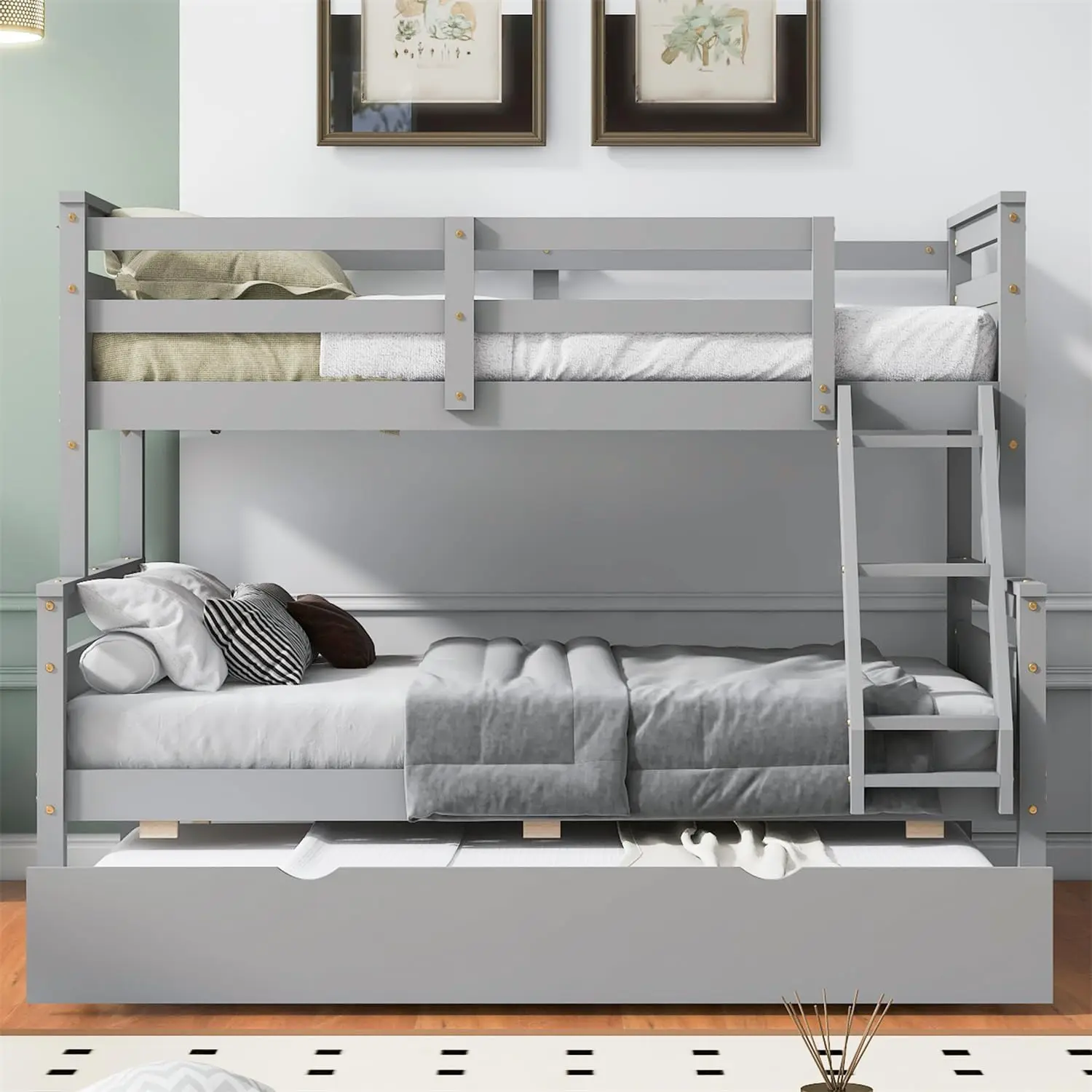 Merax Trundle Bunk Bed, Twin Over Full Wood Bunk Bed with Twin Size Trundle, Solid Wood Bunk Bed Frame with Guardrail