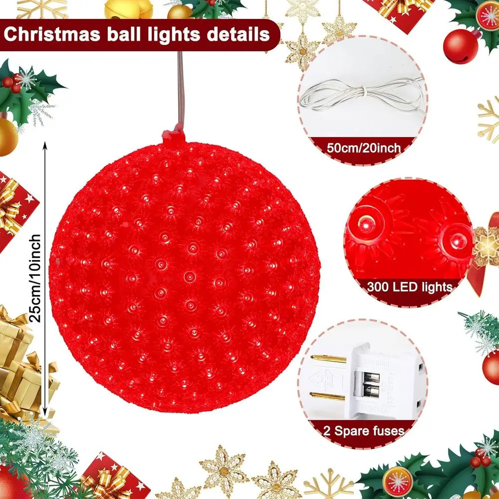 كرة معلقة شفافة كبيرة مع 300 مصباح LED للشجرة الداخلية/الخارجية وديكور المنزل، 10 بوصة، أحمر، مثالية لعيد الفصح وسانت باسكال