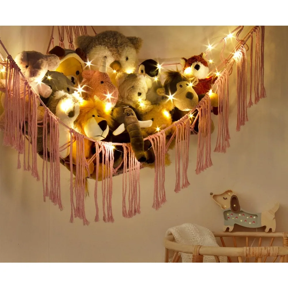 Stuffed Animal Hammock Corner Net with LED Light - Toy Storage Holder - Pink Cute Room Bedroom Decor for Teen Girls - Cute Bedro