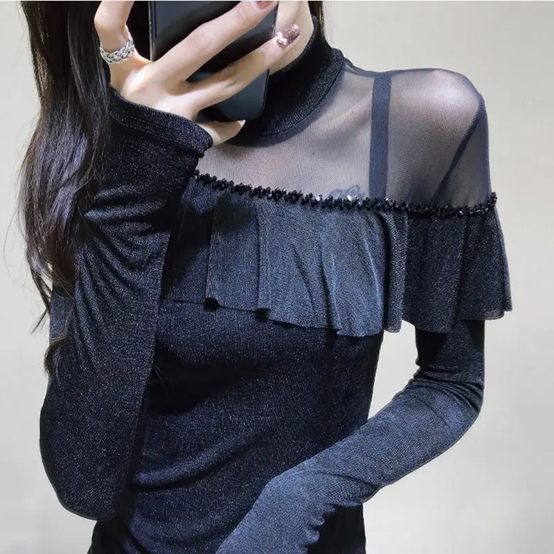 Spring 2024 New Korean Net Yarn Diamonds T-Shirts Women Clothes Fashion Bottoming Shirt Patchwork Long Sleeve Slim Ruffles Tops