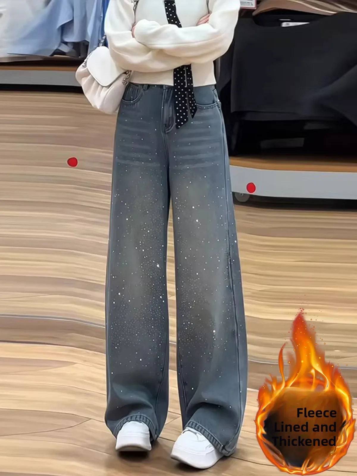 

Retro Star Rhinestone Heavy Du Wide Leg Jeans Women's Spring New Fce Lined Loose Straight Floor Length Pants