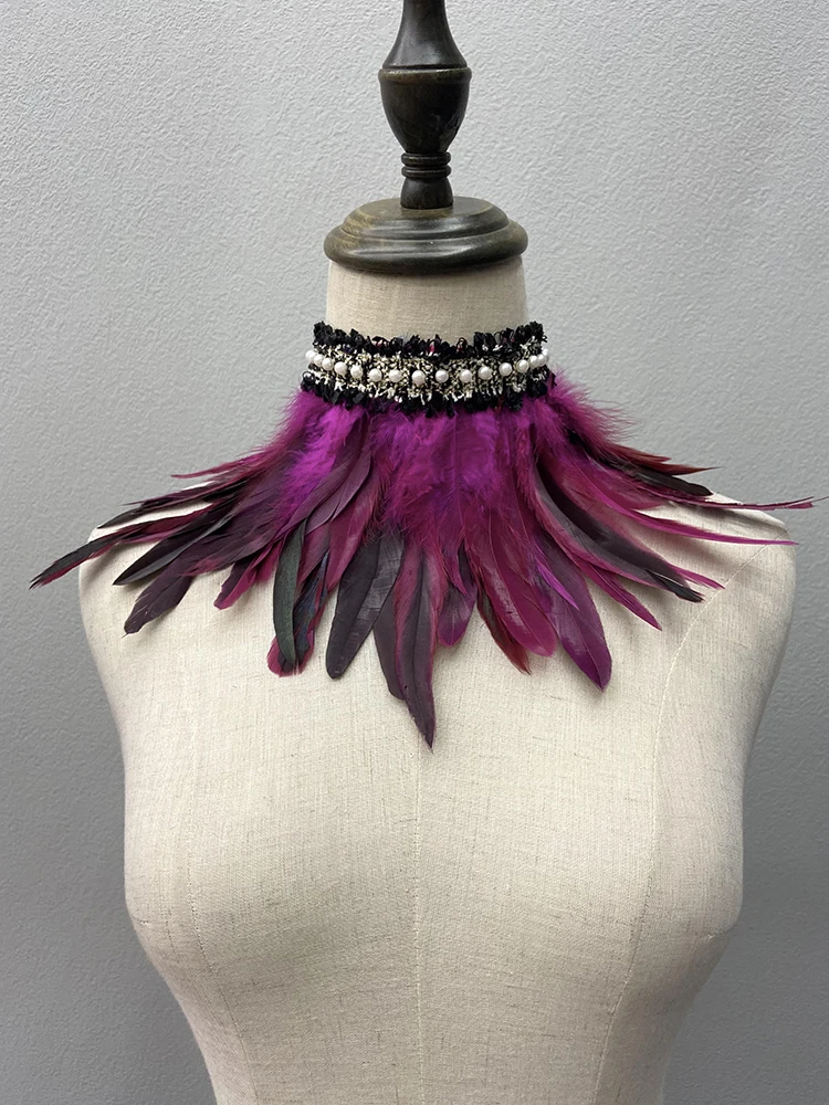 Cuello falso de plumas negras con perlas de encaje, bufanda Sexy, cubierta de cuello de plumas, fiesta de Halloween de decoración de accesorios de