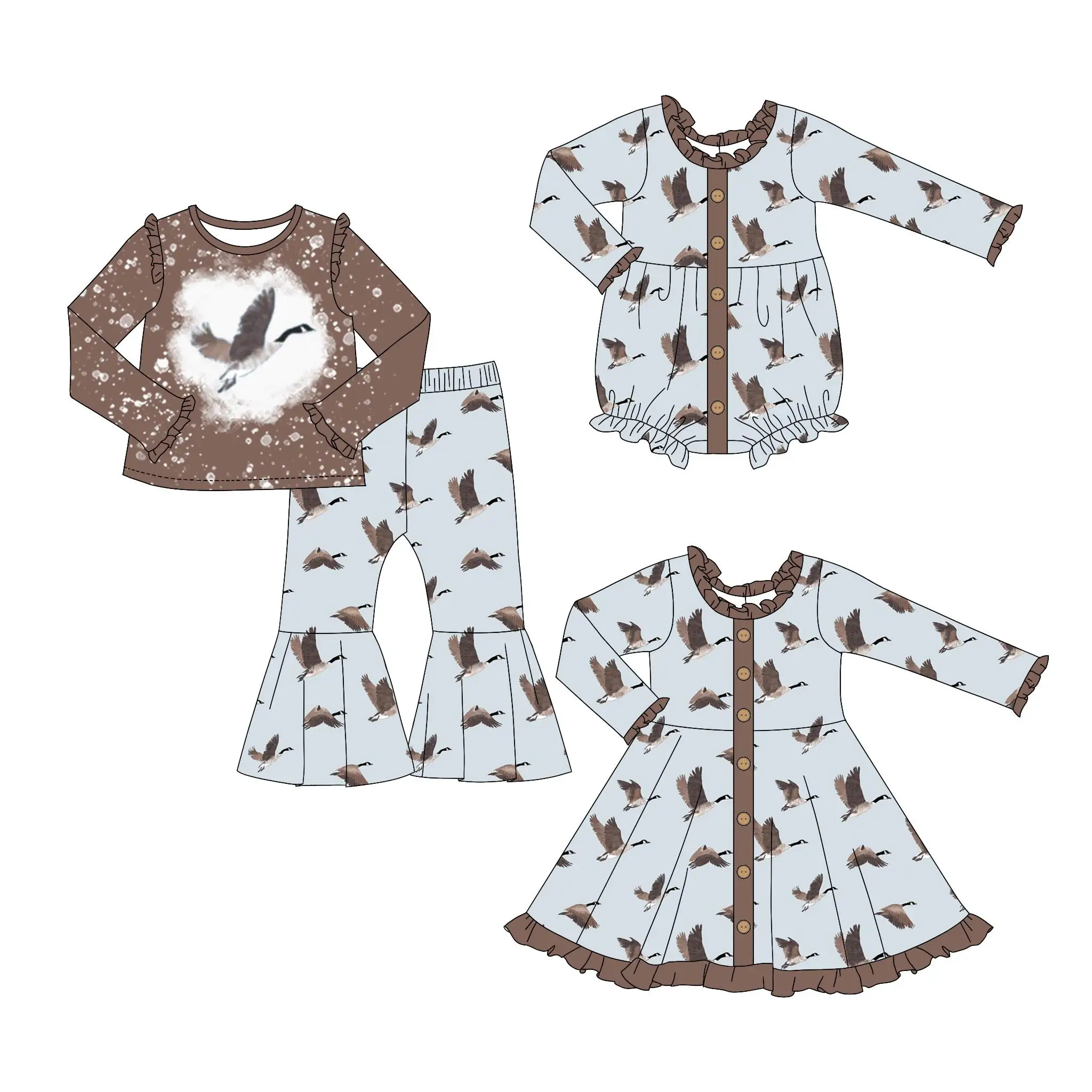 Girls series long-sleeved lace flying pigeon cartoon print bell pants set baby zipper jumpsuit dress boutique children's clothes