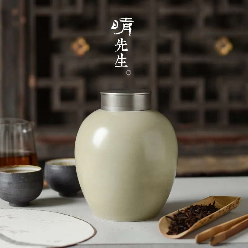 Japanese-Style Ceramic Tea Jar Tin Cover Simple Kung Fu Tea Ceremony Utensils Sealed Jar Storage Storage Tank Tea Warehouse Hous