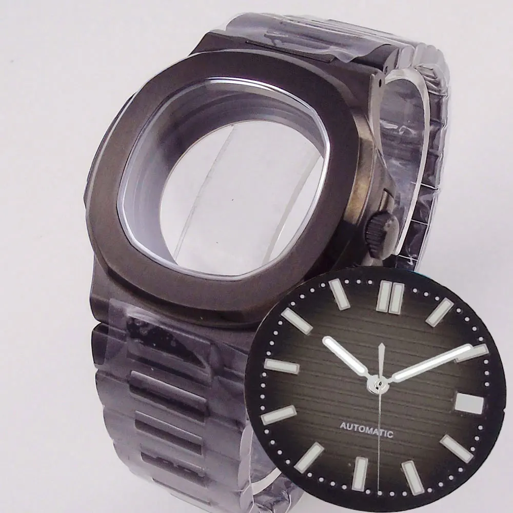 Caixa de relógio quadrada preta, peças de vidro safira, 40mm, PVD, Nautilus, Japan, NH35A, NH34, NH70, 4r35