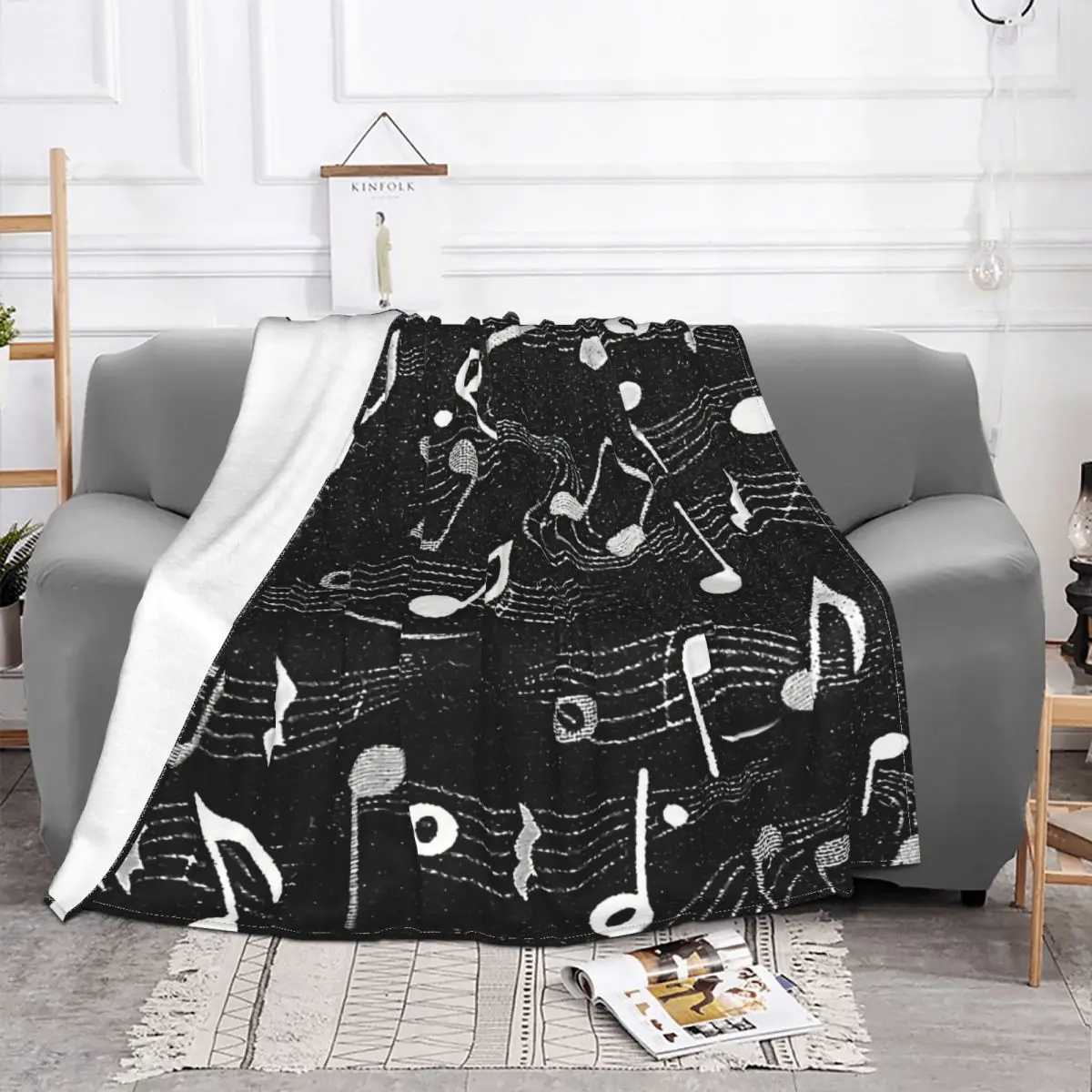 Music Notes Blankets Black Coral Fleece Plush Decoration Bedroom Bedding Couch Bedspread