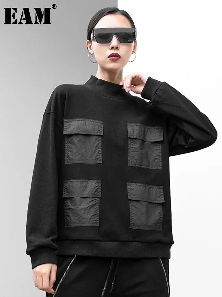 

[EAM] Women Black Pockets Color-block Big Size Casual T-shirt New Turtleneck Long Sleeve Fashion Tide Spring Autumn 2024 1DF4674