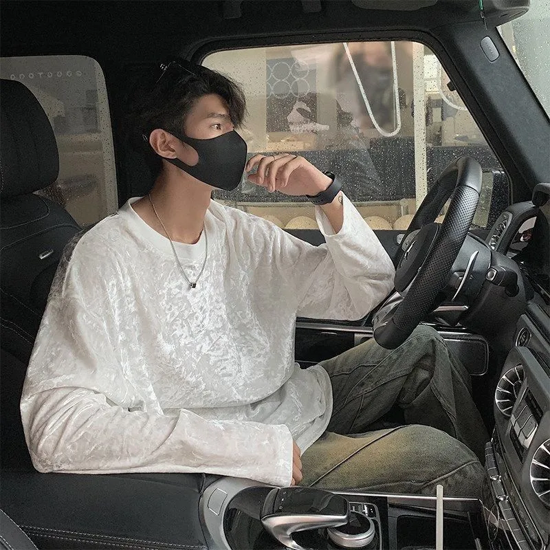 Men's Long Sleeve Solid Color Crushed Velvet T Shirt Casual Round Neck Top Soft Comfortable Daily Wear