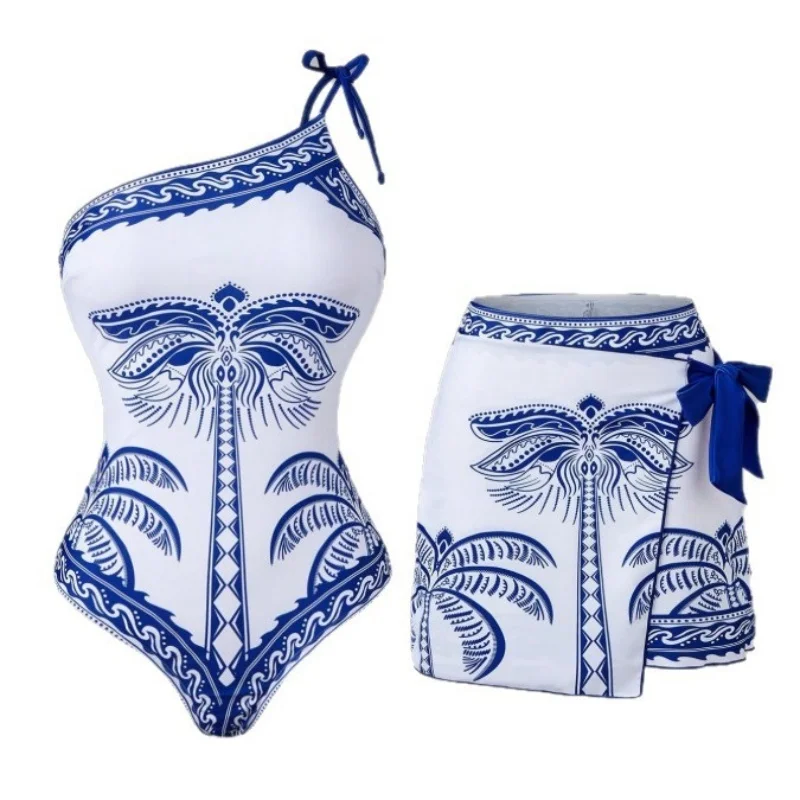 Women Palm Print One Shoulder Bikini Set Bow Decor Strap Wrap Mini Skirt Cover Up Bohemian Beachwear Holiday Poolside Vacation