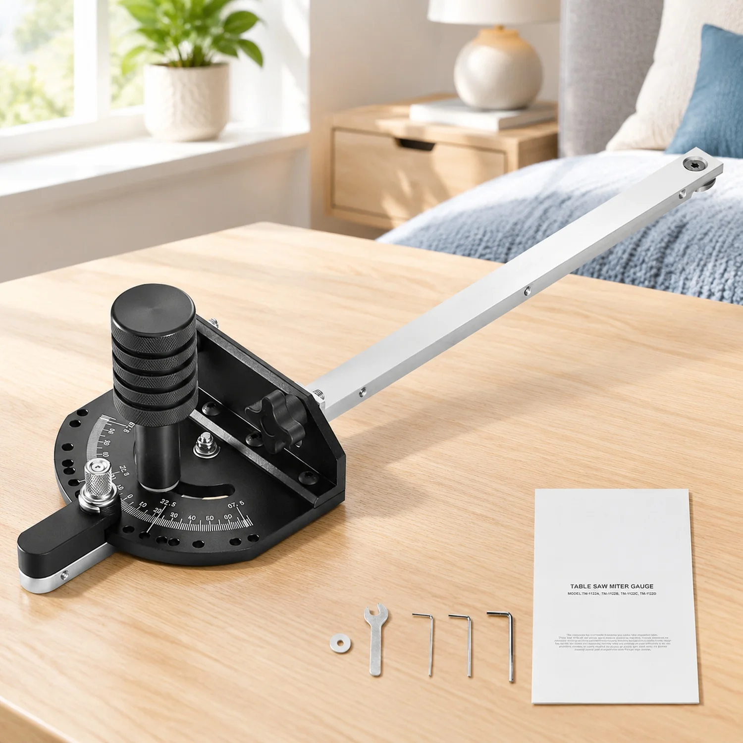 Accurate Miter Gauge, Fits Slots 3/4'' x 3/8'', Crafted from Aluminum Alloy, Features 15 Adjustable Angle Stops, Spring-Loaded