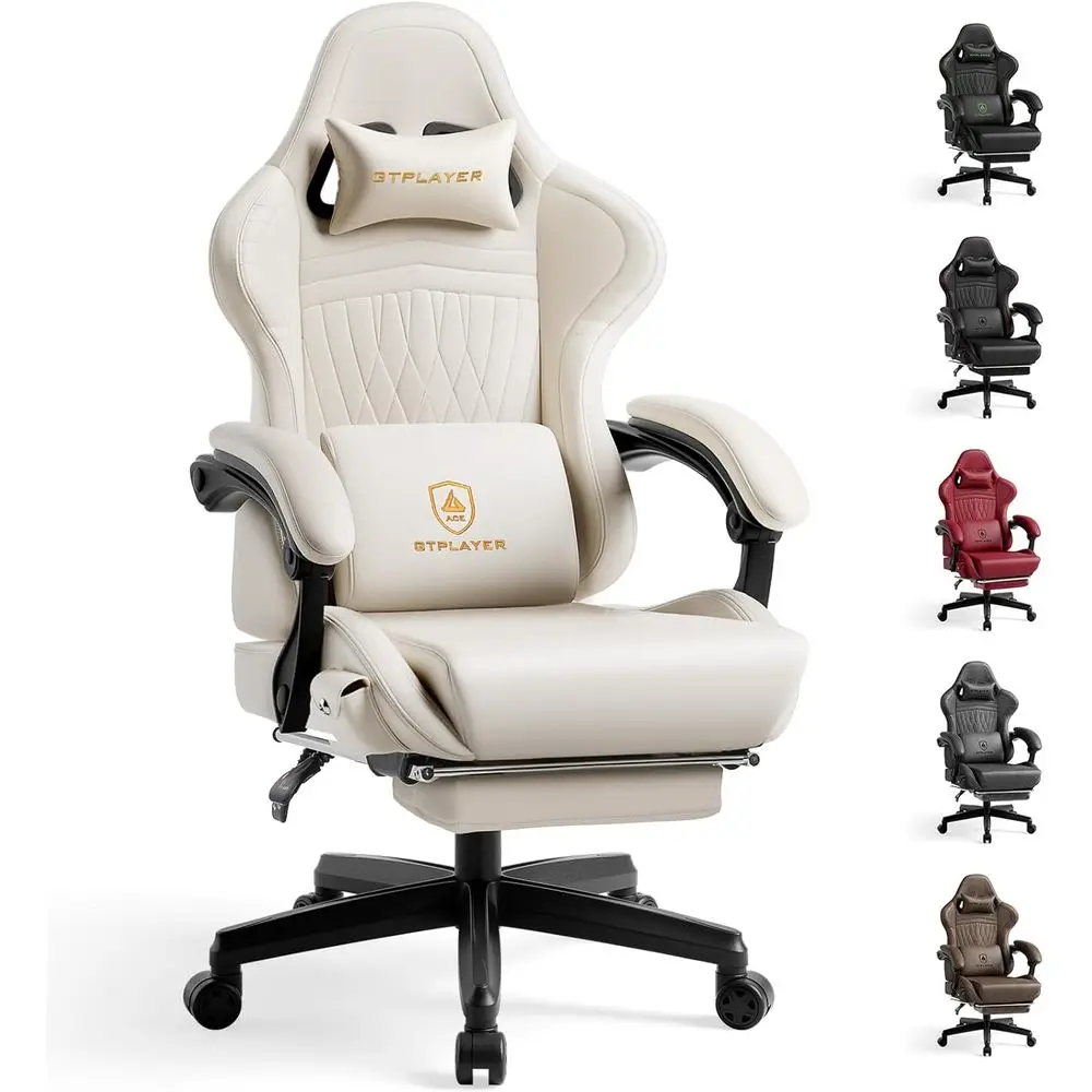 Ergonomic Reclining Gaming Chair with Speakers and Ottoman for Adults - High Back, Padded, Linkage Armrests, Ivory