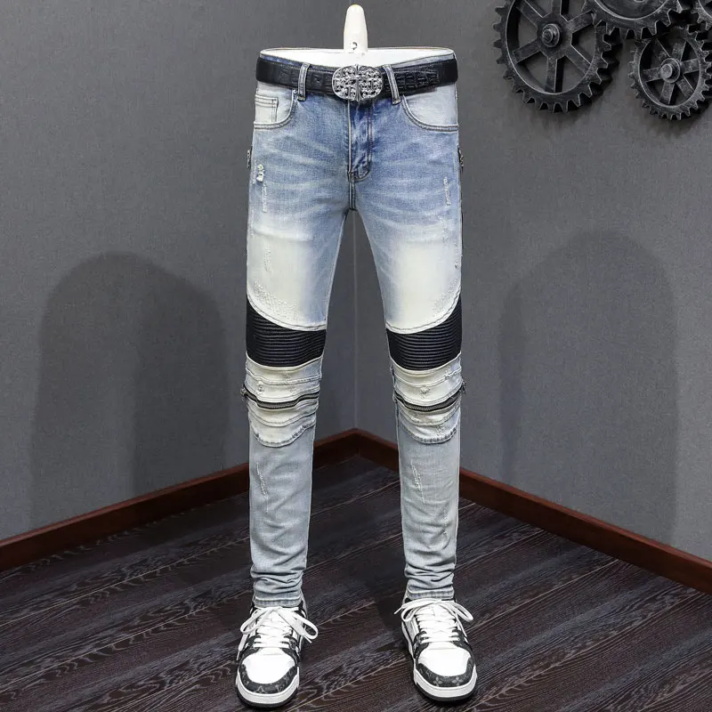 

Designer Street Fashion Men's Blue Jeans Stretch Tight Washed Zipper Decorative Jeans Splicing Hip Hop Style Pants Bombre