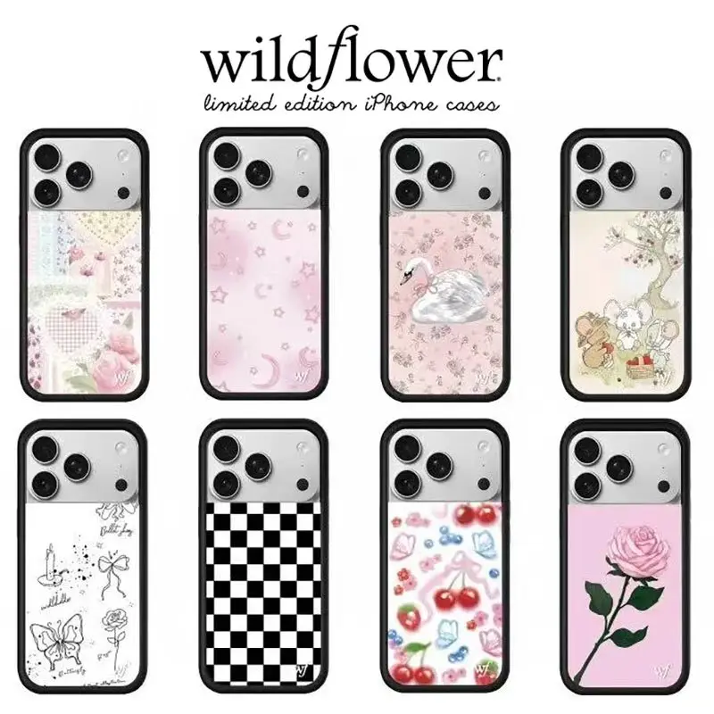 

Wildflower Ins Cute 3D sweet cherry pink Swan Phone Case for iPhone 17 12 13 14 16 15 Pro Max Plus WF Checkered Rose Cover ﻿﻿﻿﻿﻿