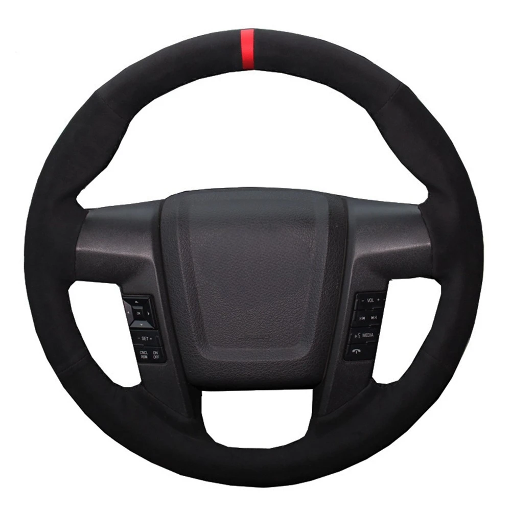 Car Steering Wheel Cover Hand-stitched Black Genuine Leather Suede For Ford F-150 F150 SVT Raptor 2010 2011 2012 2013 2014