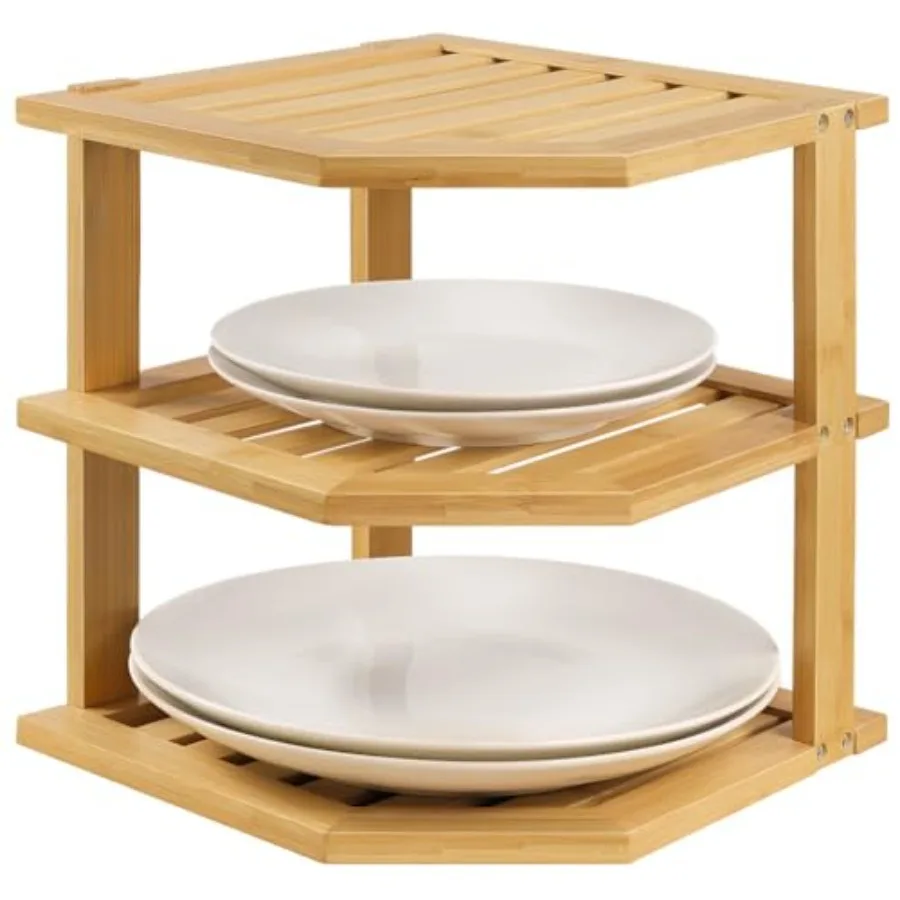 

Bamboo Plate Organizer Kitchen Cabinet Organizer 3 Tier Corner Counter Shelfv for Plate Dish Bathroom Countertop Shelves Natura