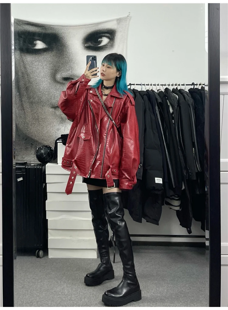 Lautaro Spring Autumn Oversized Red Shiny Crocodile Pattern Leather Biker Jacket Women Long Sleeve Zipper Belt Cool Fashion 2022