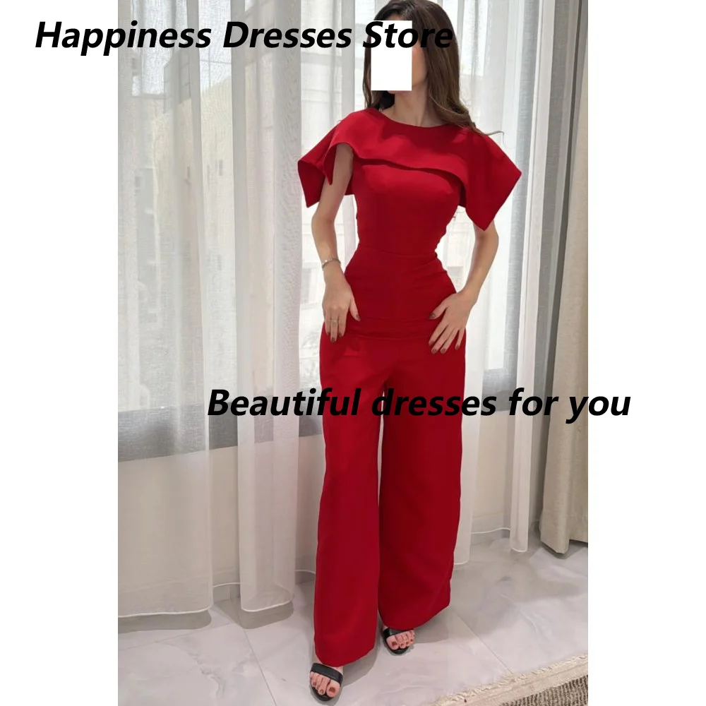 

Red Elegant Jumpsuit Evening Dress Customized O-Neck Ankle-Lenth Jersey Saudi Arab Prom Gown Arabian Formal Dresses