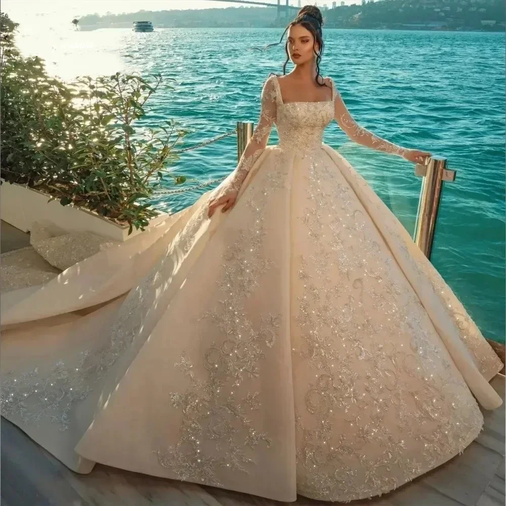 Custom 2026 Luxurious Ball Gown Wedding Dresses Collar Crystal Beads Long Sleeves African Bride Formal Gowns Vestidos De Noiva