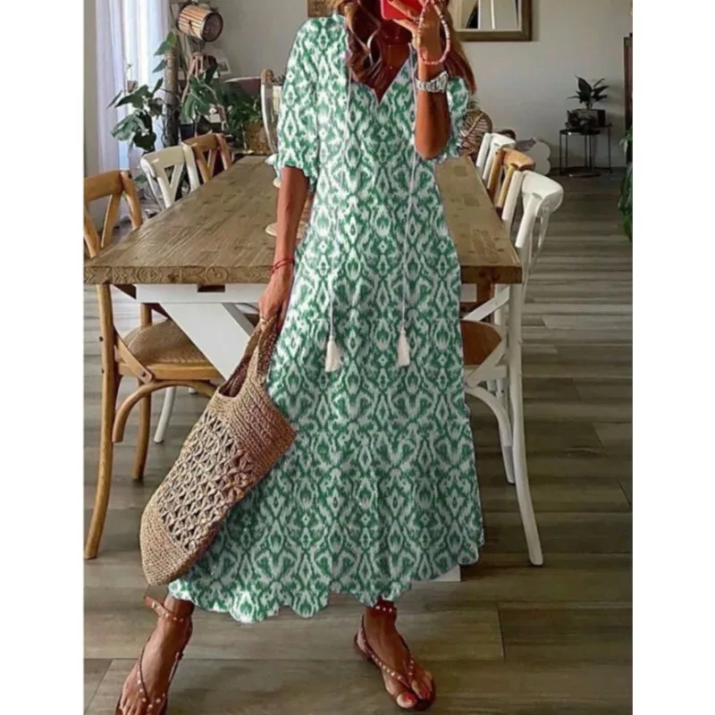 Vestidos largos bohemios con estampado elegante y cuello en V para mujer, vestido de fiesta con bolsillo para verano y primavera, Vestidos con volantes y media manga acampanada para otoño 2025