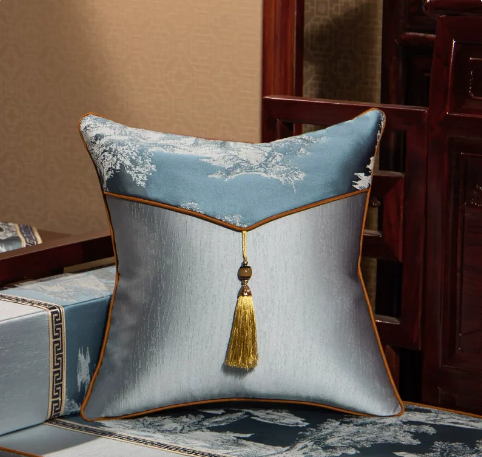 New Chinese Style Square Sofa Cushion Cover, Chinese‑Style Embroidered Bedside Throw Pillow Lumbar Back Cushion for Office Chair