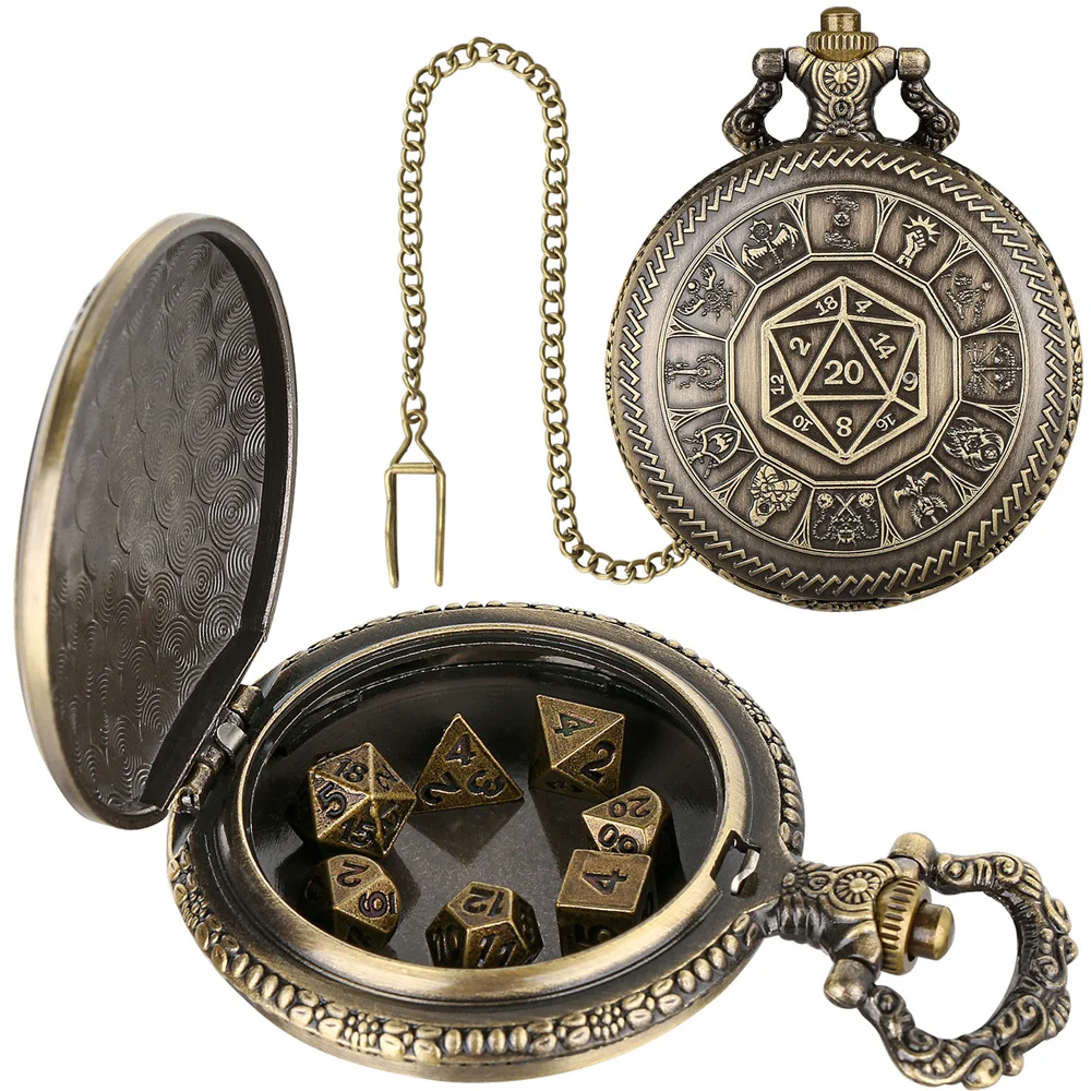 Exquisite Retro Polygon Dice Pocket Watch Case with Mini Dices Set Vintage Small Dices Storage Pocket Watch Cases