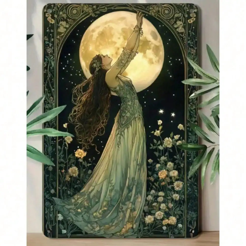 Mondgöttin Metall-Wandkunst 8x12 Zoll, Vintage Boho Gehämmerte Skulptur-Dekoration für Wohnzimmer Schlafzimmer