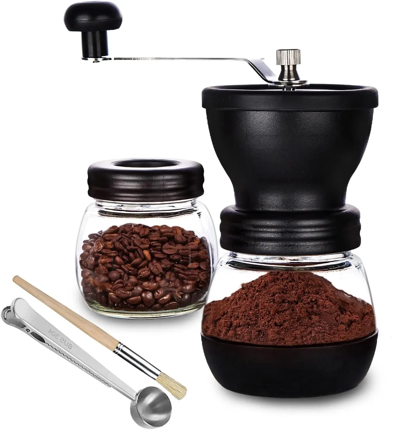 Molinillo de café manual con rebaba de cerámica, molinillo de café manual pequeño con 2 frascos de vidrio (11 oz por tarro) de acero inoxidable