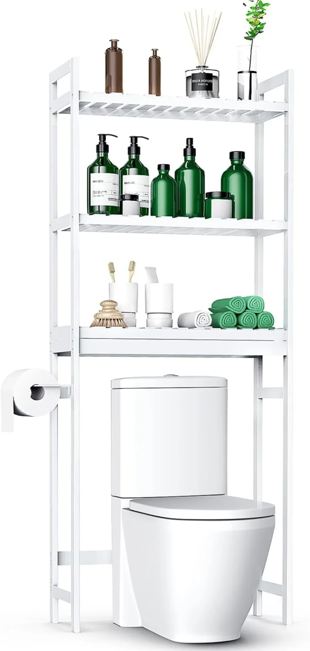 

Bamboo Over The Toilet Storage, 3-Tier Freestanding Shelf Rack with Toilet Paper Holder & 3 Hooks for Bathroom, Balcony, Porch