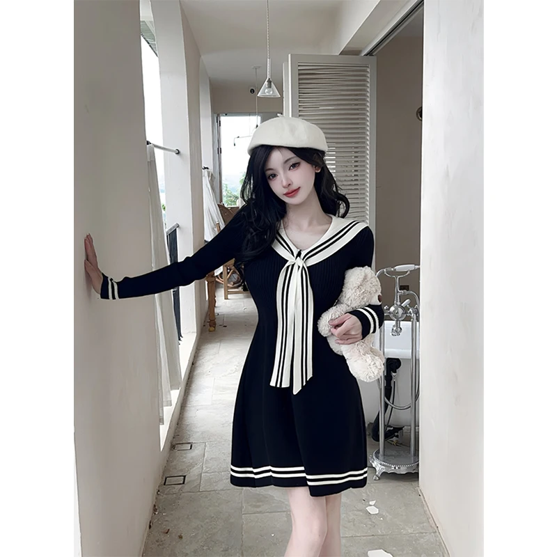 かわいい黒ニットミニドレス女性日本ロリータセーラー襟ドレス冬 Y2K ストライプ長袖ボディコン Vestidos 新しい