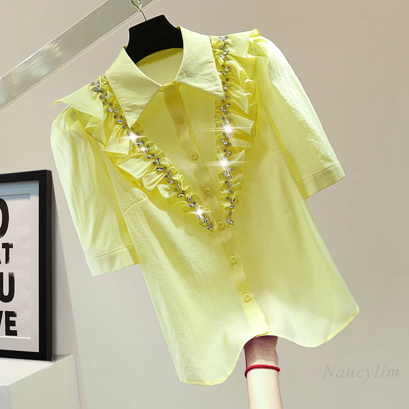 

Summer Korean Style Ruffled Stitching Short Sleeve Yellow Blouse Women's Chiffon Shirt Exquisite Rhinestone Ruffles Top Blusas