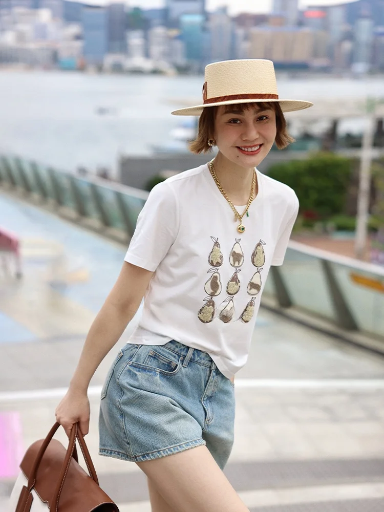 

Футболка WinnieTang Summer с объемной вышивкой и мультяшным принтом, круглый вырез, короткий рукав, эффект похудения, хлопковая смесь, влагоотводящая