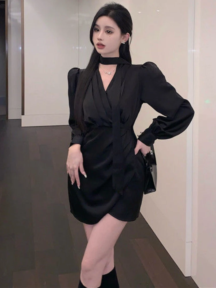 Lanterna vestidos de manga feminina mini temperamento fino estilo francês chique sólido cintura alta elegante sexy moda roupas ulzzang primavera