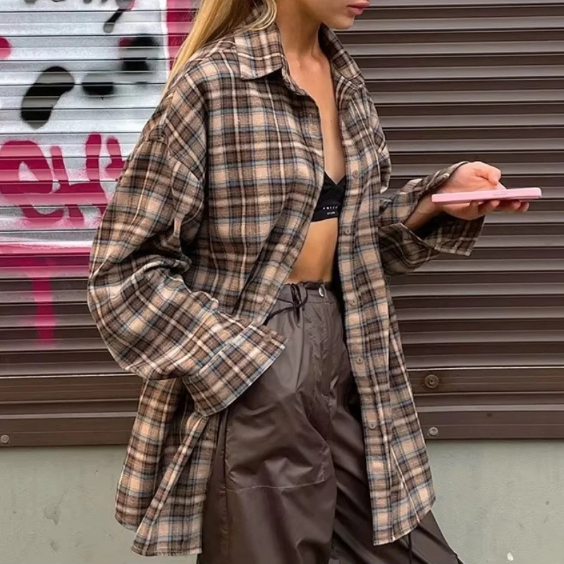 2025 New American Retro L Size Plaid Shirt Women, Flannel Grunge Style Long Sleeve Loose Top for Fall Fashion