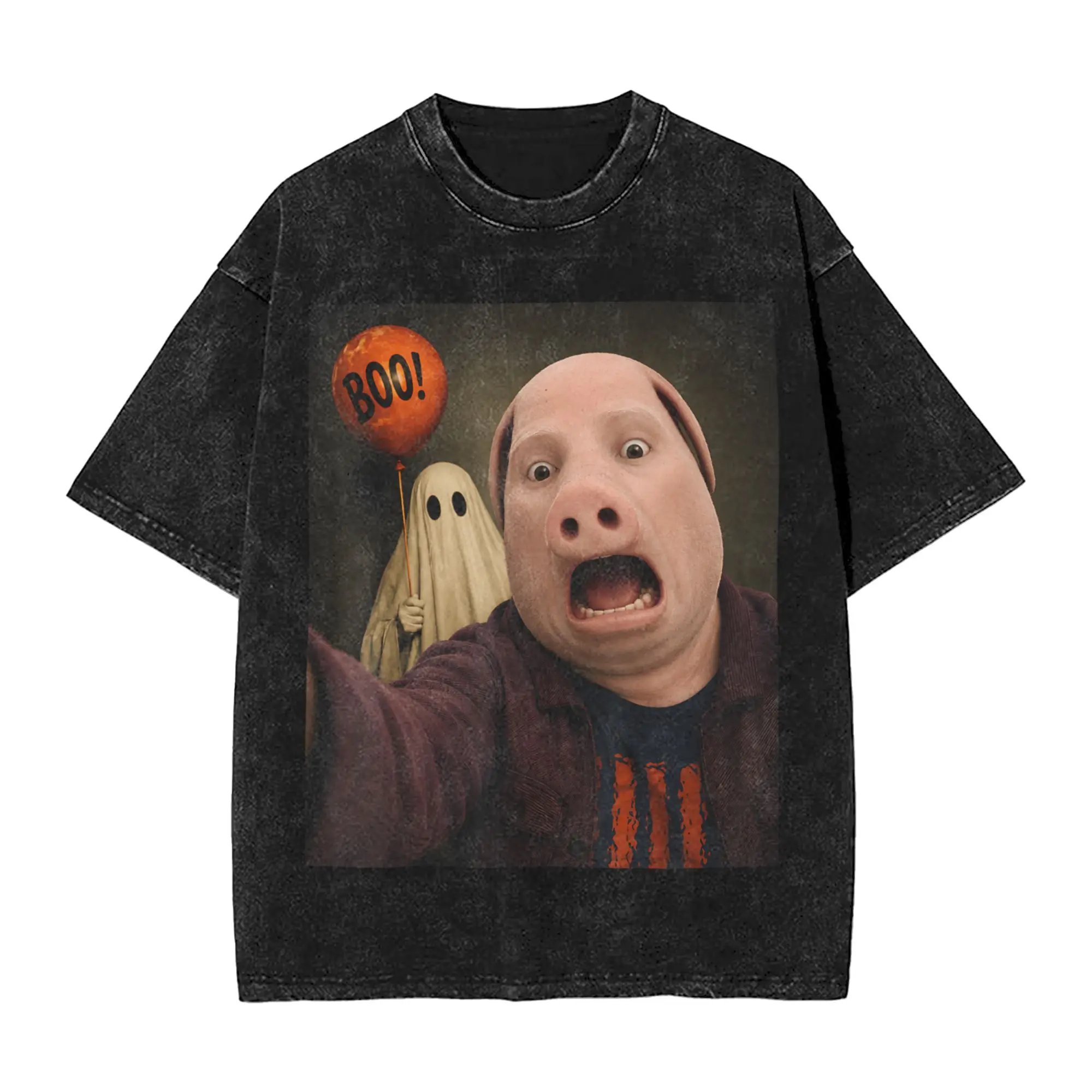 Halloween John Pork Boo Ghost Selfie Men's T Shirts Washed Vintage Tees Short Sleeve O Neck T-Shirts Cotton New Arrival Clothes