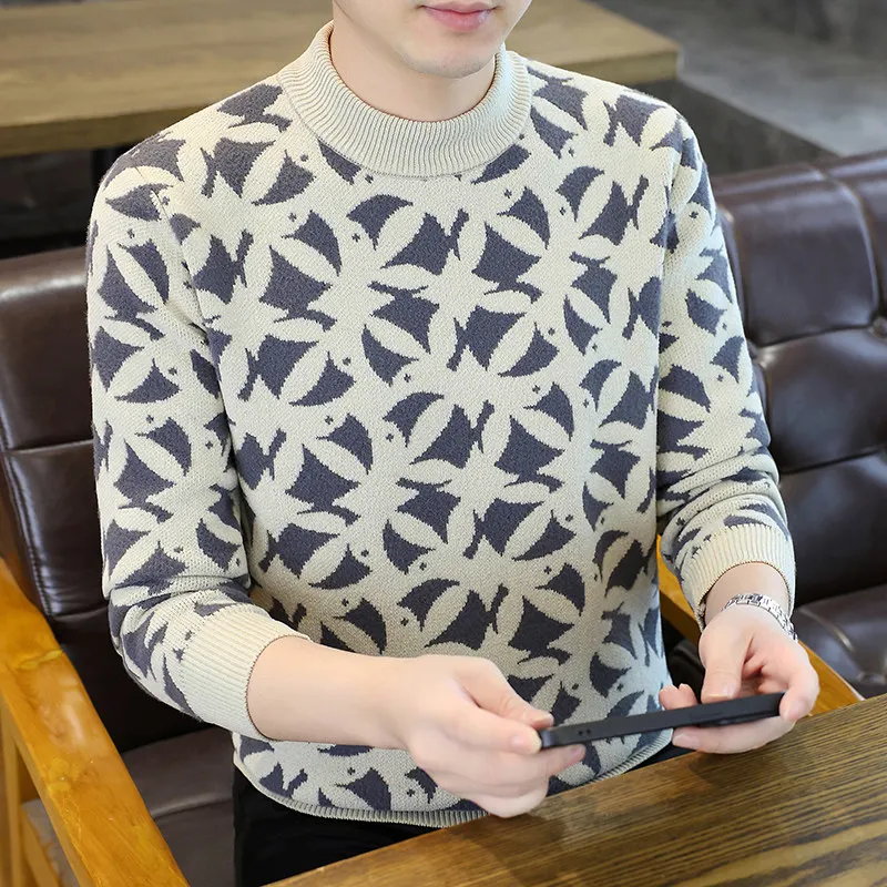 

Мужской двусторонний вязаный свитер Thiened Fce средней длины, эластичная теплая основа, повседневный европейский Sle с маленьким узором Le...