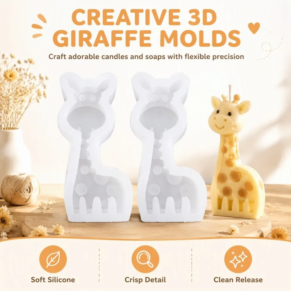 2PCS Flexible Silicone Silicone Mold Non Stick Surface 3D Giraffe Shape Candle Mold Easy To Clean Fondant Mold